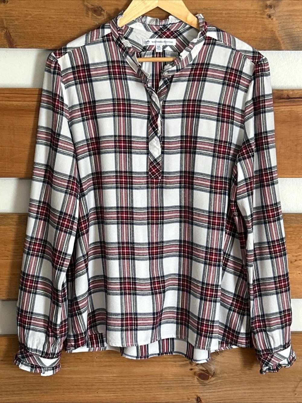 Southern Tide Square Plaid Long Sleeve Ruffle 1/4 Button V-Neck Western Size XL